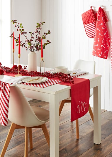 Catherine Lansfield Christmas Candy Cane Embroidered Cotton Dining Table Runner (32x220 cm)