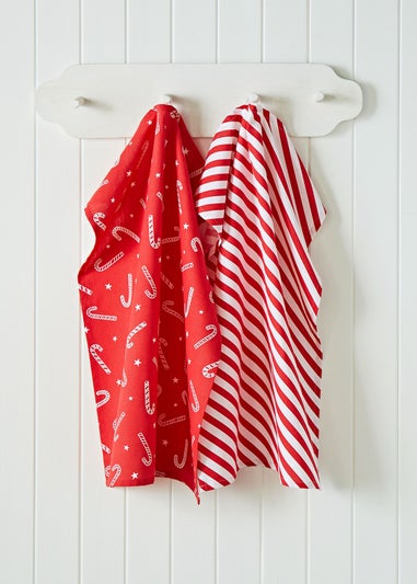 Catherine Lansfield Christmas Candy Cane Kitchen Tea Towel Pack of 4 (50x75 cm)