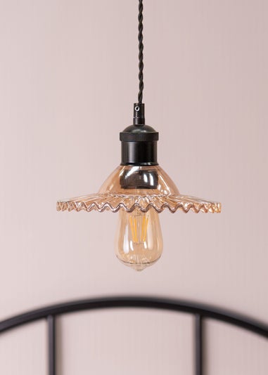 ValueLights Lucrezia Black Pendant Light Amber Frilled Glass Shade (112cm x 21.5cm x 21.5cm)