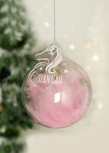 Personalised Memento Company Pink Feather Glass Bauble With Unicorn Tag