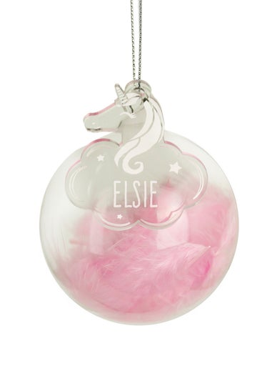 Personalised Memento Company Pink Feather Glass Bauble With Unicorn Tag