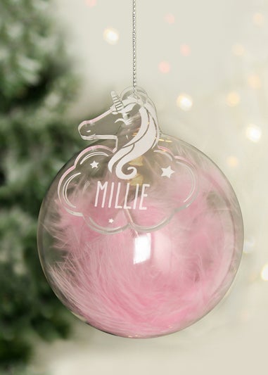 Personalised Memento Company Pink Feather Glass Bauble With Unicorn Tag