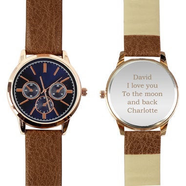 Personalised Memento Company Rose Gold Mens Watch with Brown Strap and Presentation Box