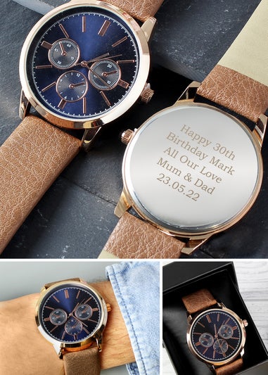 Personalised Memento Company Rose Gold Mens Watch with Brown Strap and Presentation Box