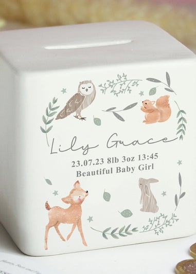 Personalised Memento Company White Woodland Animals Ceramic Square Money Box