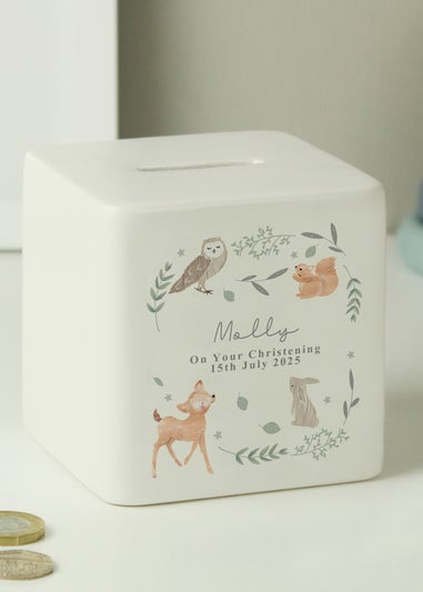 Personalised Memento Company White Woodland Animals Ceramic Square Money Box