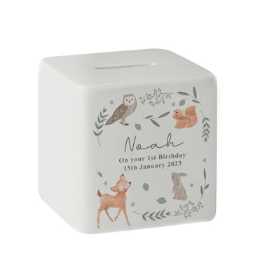 Personalised Memento Company White Woodland Animals Ceramic Square Money Box