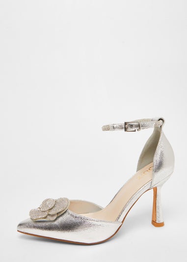 Quiz Silver Foil Diamante Corsage Court Heels