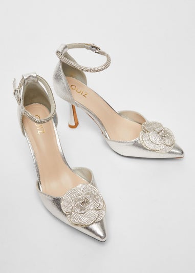 Quiz Silver Foil Diamante Corsage Court Heels