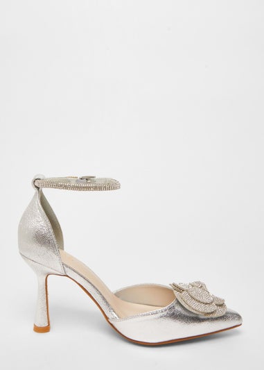 Quiz Silver Foil Diamante Corsage Court Heels