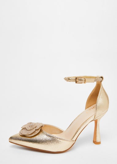 Quiz Gold Foil Diamante Corsage Court Heels