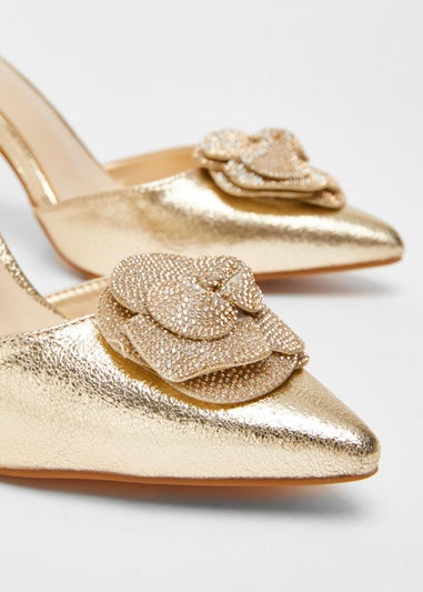 Quiz Gold Foil Diamante Corsage Court Heels