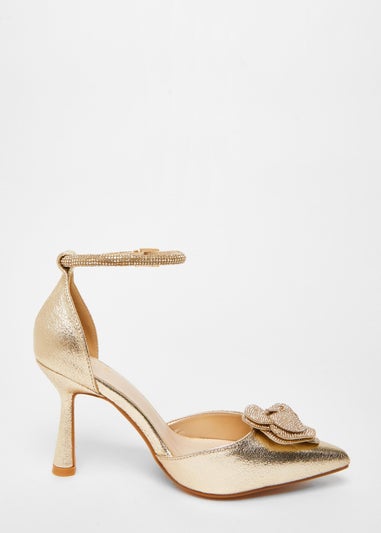 Quiz Gold Foil Diamante Corsage Court Heels