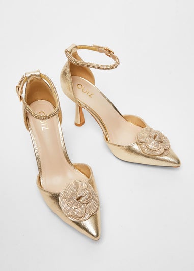 Quiz Gold Foil Diamante Corsage Court Heels