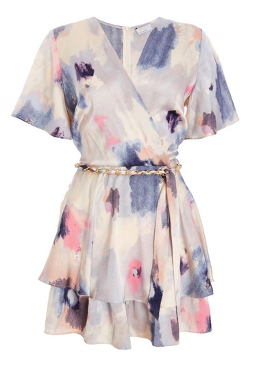 Quiz Multi Marble Print Wrap Tiered Playsuit