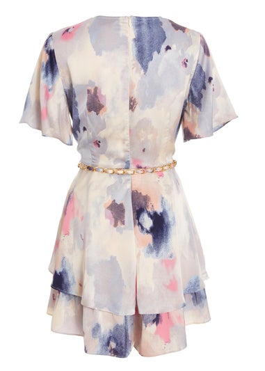 Quiz Multi Marble Print Wrap Tiered Playsuit