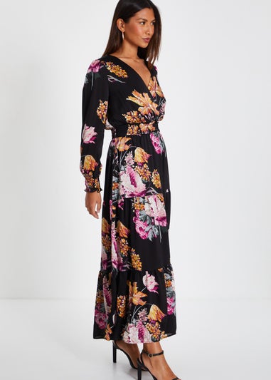 Quiz Black Floral Chiffon Tiered Midaxi Dress - Matalan