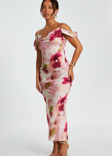 Quiz Pink Petite Marble Drop Shoulder Maxi Dress