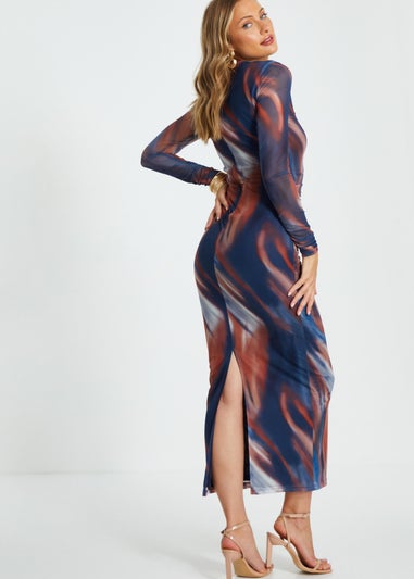 Quiz Dark Blue Marble Print Mesh Midaxi Dress