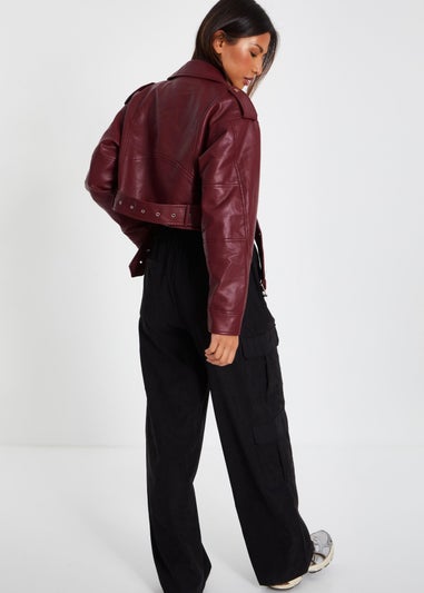 Quiz Burgundy Faux Leather Oversized Biker Jacket