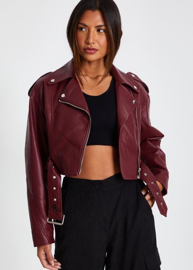 Quiz Burgundy Faux Leather Oversized Biker Jacket