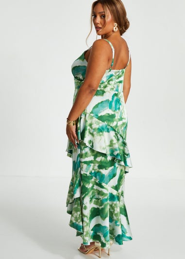 Quiz Green Curve Marble Print Ruffle Maxi Dress