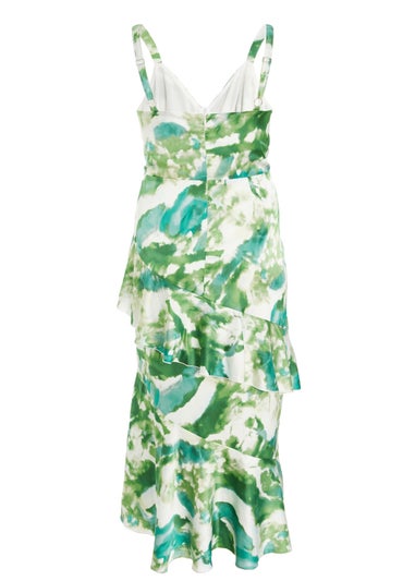 Quiz Green Curve Marble Print Ruffle Maxi Dress