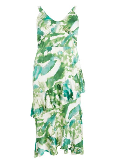 Quiz Green Curve Marble Print Ruffle Maxi Dress