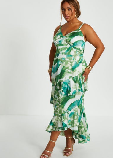 Quiz Green Curve Marble Print Ruffle Maxi Dress