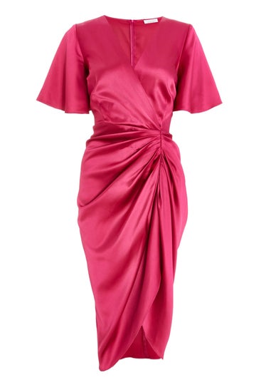 Quiz Red Satin Ruched Wrap Midi Dress