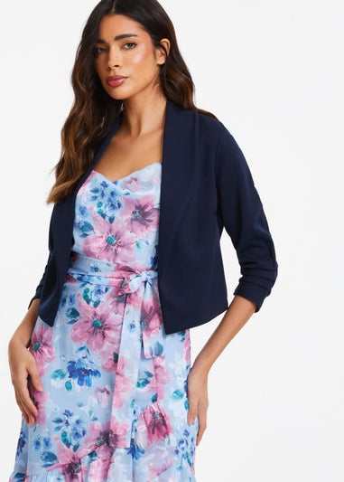 Quiz Blue Shawl Collar Crop Jacket