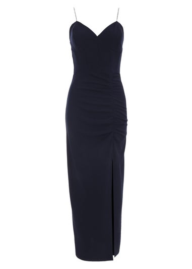 Quiz Blue Petite Diamante Ruched Maxi Dress