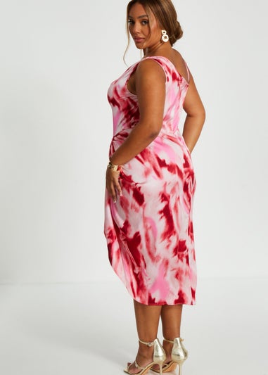 Quiz Pink Curve Satin Marble Print Ruched Midi Dress