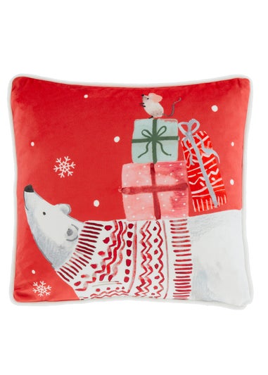 Fusion Christmas Woodland Animals Red Velvet Filled Cushion (43cm x 43cm)