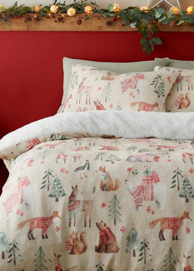 Fusion Christmas Woodland Animals Natural Plush Duvet Cover Set