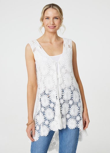 Izabel London White Floral Lace Tie Front Cardigan