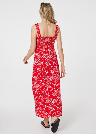 Izabel London Red Floral Square Neck Midi Sun Dress