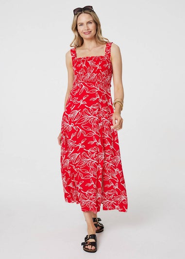 Izabel London Red Floral Square Neck Midi Sun Dress