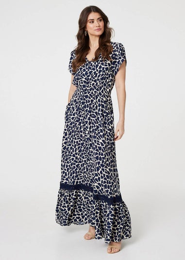 Izabel London Navy Abstract Print Button Front Maxi Dress