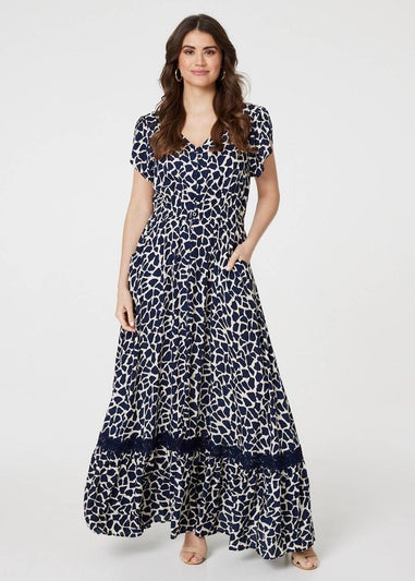 Izabel London Navy Abstract Print Button Front Maxi Dress