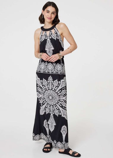 Izabel London Black And White Mosaic Print Halter Neck Long Dress