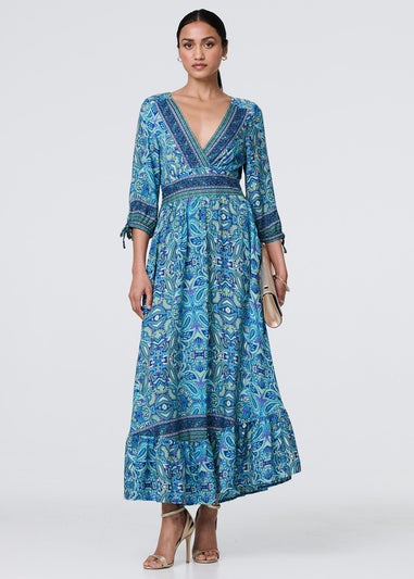 Izabel London Blue Paisley Tie Sleeve Maxi Dress