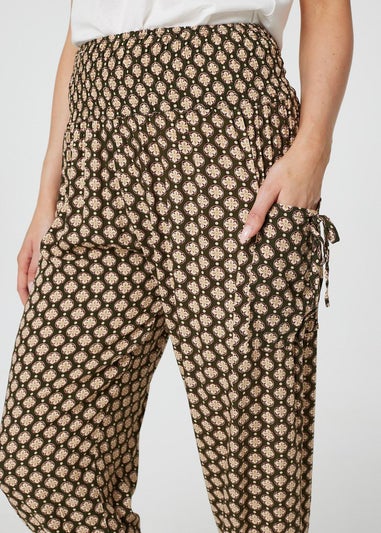 Izabel London Khaki Mosaic Print High Waist Harem Trousers