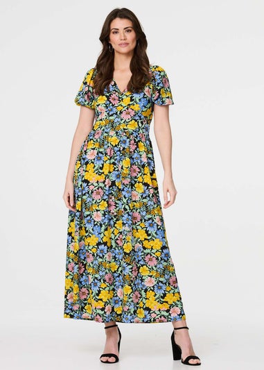 Izabel London Yellow Floral Puff Sleeve Cut Out Maxi Dress