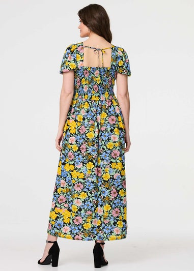 Izabel London Yellow Floral Puff Sleeve Cut Out Maxi Dress