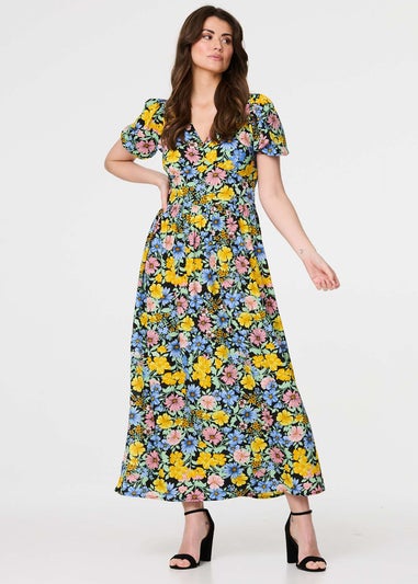 Izabel London Yellow Floral Puff Sleeve Cut Out Maxi Dress