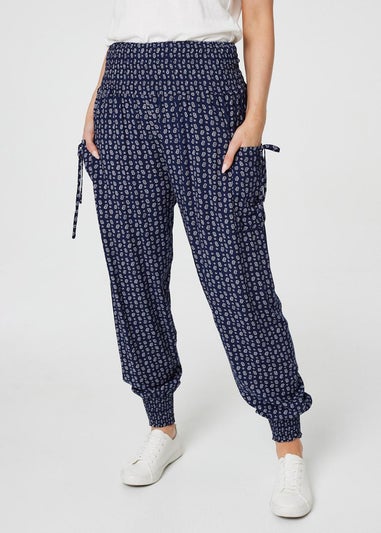 Izabel London Navy Ditsy Print High Waist Harem Trousers