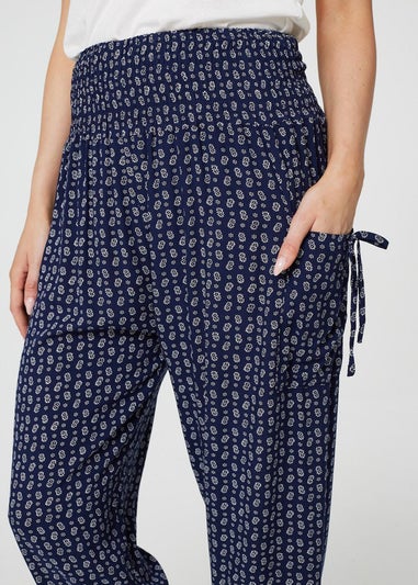 Izabel London Navy Ditsy Print High Waist Harem Trousers