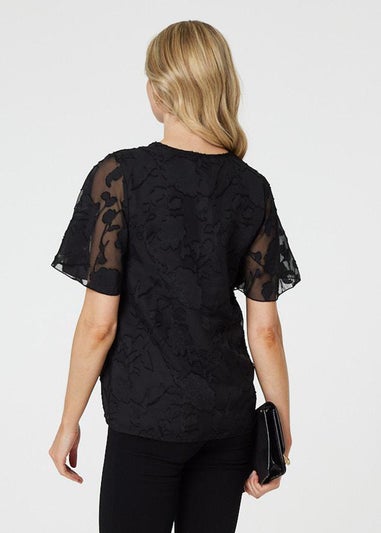 Izabel London Black Floral Lace Detail Flared Sleeve Blouse