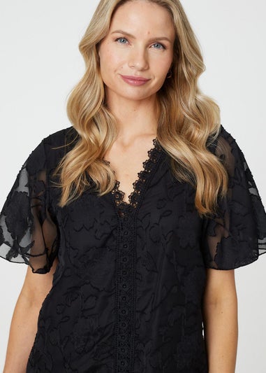 Izabel London Black Floral Lace Detail Flared Sleeve Blouse